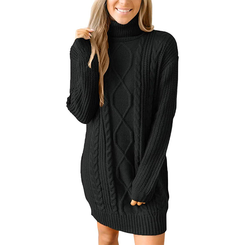 Damen Grobstrick Pulloverkleid mit traumhaftem Zopfmuster und hohem Kragen R&B