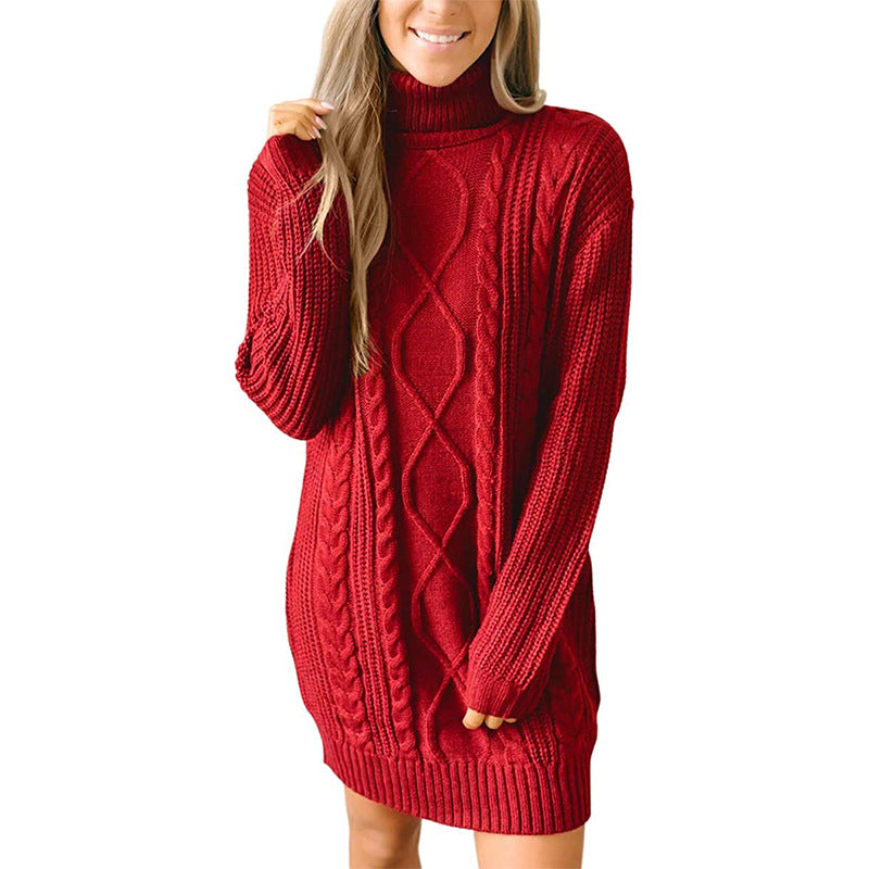 Damen Grobstrick Pulloverkleid mit traumhaftem Zopfmuster und hohem Kragen R&B