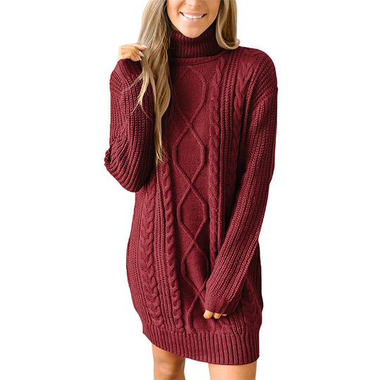 Damen Grobstrick Pulloverkleid mit traumhaftem Zopfmuster und hohem Kragen R&B