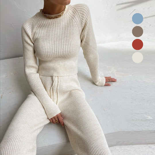 Damen Rippstrickanzug mit weitem Bein und hohem Schnitt R&B