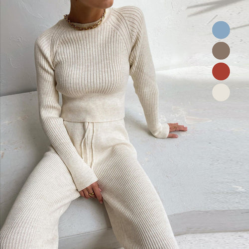 Damen Rippstrickanzug mit weitem Bein und hohem Schnitt R&B