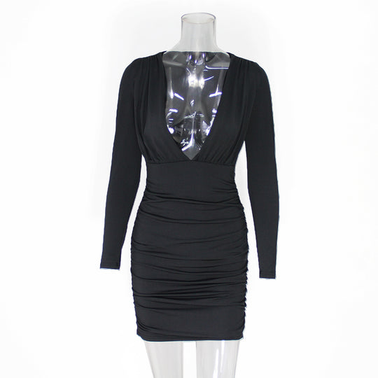 Damen figurbetontes Abendkleid mit tiefem V-Ausschnitt und langen Ärmeln R&B