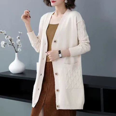 R&B | Cardigan-Pullover Wollstrick Lockere Passform Kabelärmeln Mittellang Knopffront