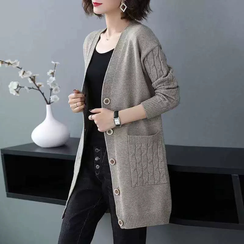 R&B | Cardigan-Pullover Wollstrick Lockere Passform Kabelärmeln Mittellang Knopffront