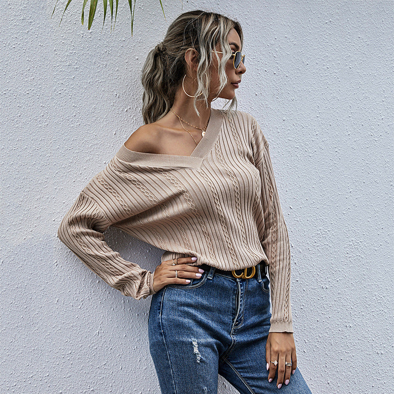 Damen lässiger Strickpullover mit V-Ausschnitt und Rippstruktur R&B