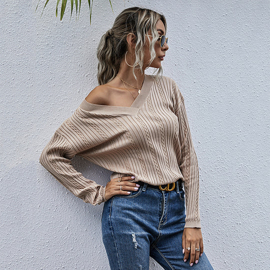 Damen lässiger Strickpullover mit V-Ausschnitt und Rippstruktur R&B