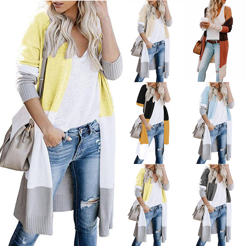 Damen lässiger Strickmantel mit Farbblock-Design und offenem Schnitt R&B