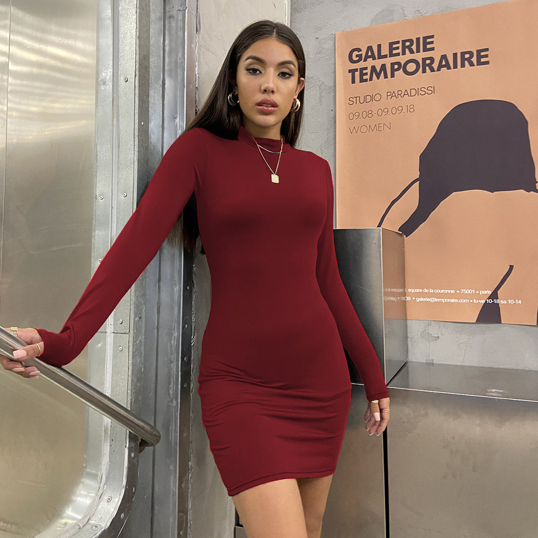 Damen Figurbetontes Langarmkleid mit hohem Kragen R&B