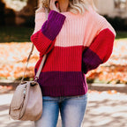 Damen lässiger Strickpullover mit weitem Ausschnitt und Farbblockdesign R&B