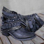 Damen nan knöchelhohe Biker-Stiefelette mit mehreren Nietenriemen, dekorativen Ketten und verstellbaren Schnallen R&B