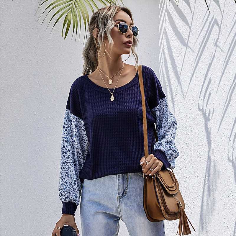 Damen lässiger Strickpullover mit voluminösen Ärmeln und floralem Design R&B
