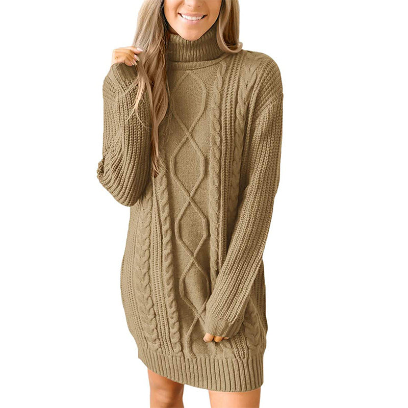Damen Grobstrick Pulloverkleid mit traumhaftem Zopfmuster und hohem Kragen R&B