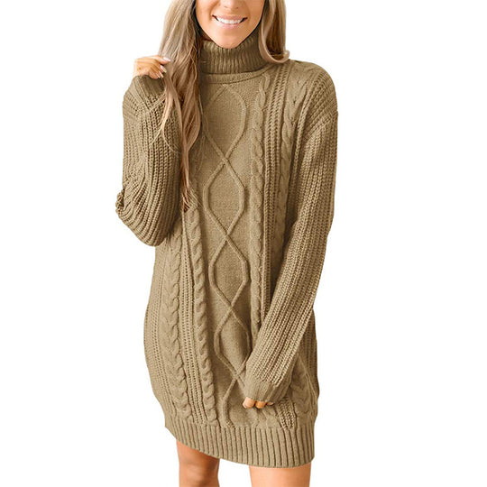 Damen Grobstrick Pulloverkleid mit traumhaftem Zopfmuster und hohem Kragen R&B