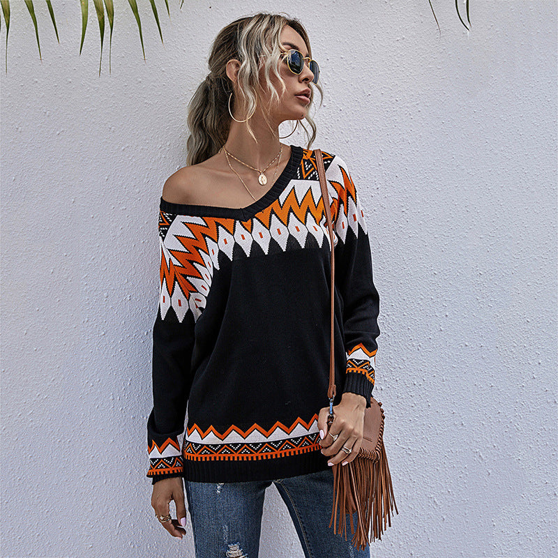 Damen Oversized Pullover mit tiefem V-Ausschnitt und geometrischem Muster R&B