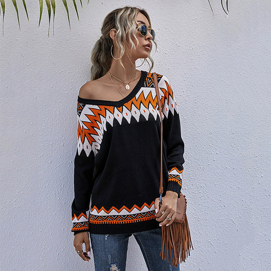 Damen Oversized Pullover mit tiefem V-Ausschnitt und geometrischem Muster R&B