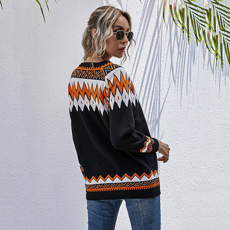 Damen Oversized Pullover mit tiefem V-Ausschnitt und geometrischem Muster R&B