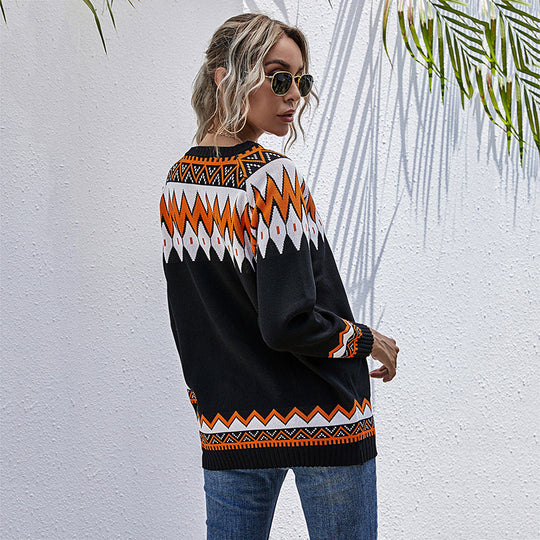 Damen Oversized Pullover mit tiefem V-Ausschnitt und geometrischem Muster R&B