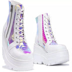Damen Hochformatige Plateau-Schnürstiefel mit Kunstleder und reflektierenden Akzenten R&B