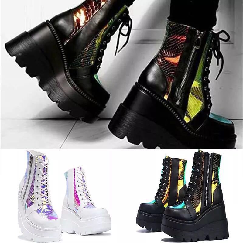 Damen Hochformatige Plateau-Schnürstiefel mit Kunstleder und reflektierenden Akzenten R&B