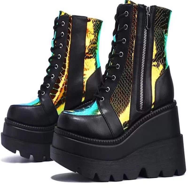 Damen Hochformatige Plateau-Schnürstiefel mit Kunstleder und reflektierenden Akzenten R&B