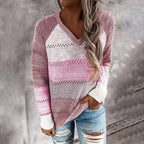 Damen Strickpullover mit V-Ausschnitt und zarten Lochmustern R&B