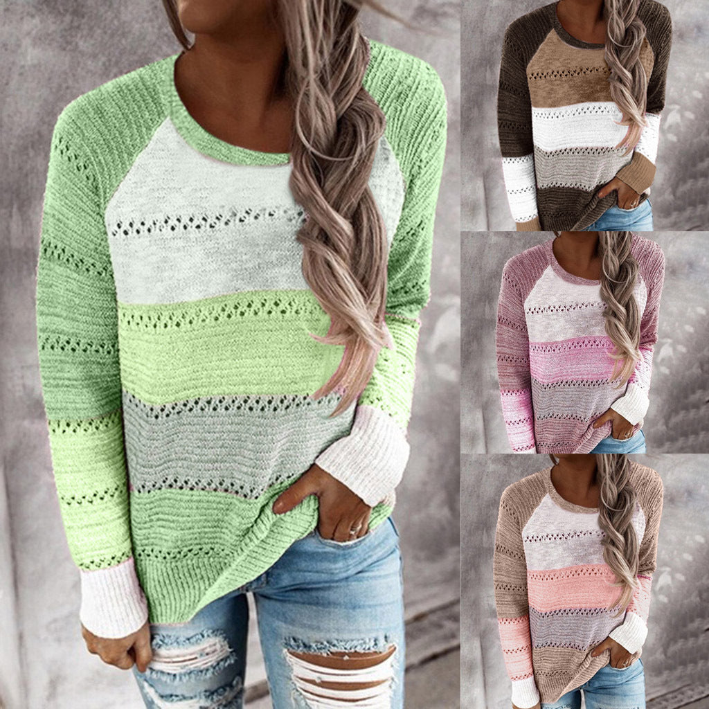Damen Strickpullover mit ausgefallenem Farbdesign und modischem Lochmuster R&B