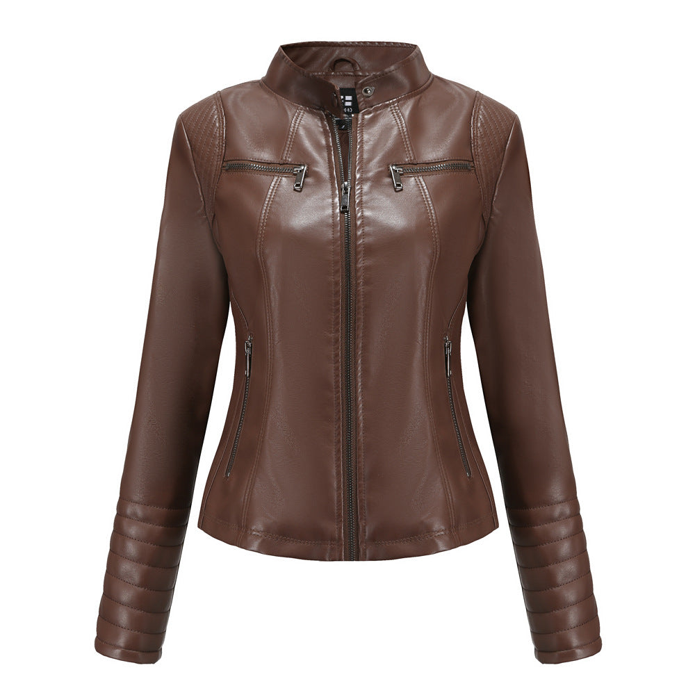 Damen nan taillierte Bikerjacke aus Kunstleder mit Stehkragen und gesteppter Ärmelpartie R&B