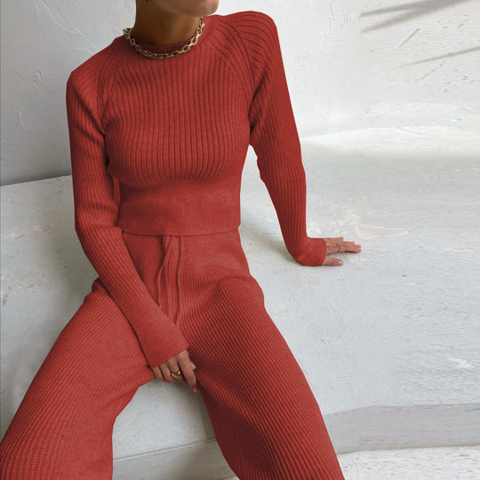 Damen Rippstrickanzug mit weitem Bein und hohem Schnitt R&B
