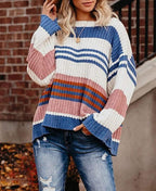 Damen lässiger Strickpullover mit hohem Schnitt und raffiniertem Streifenmuster R&B