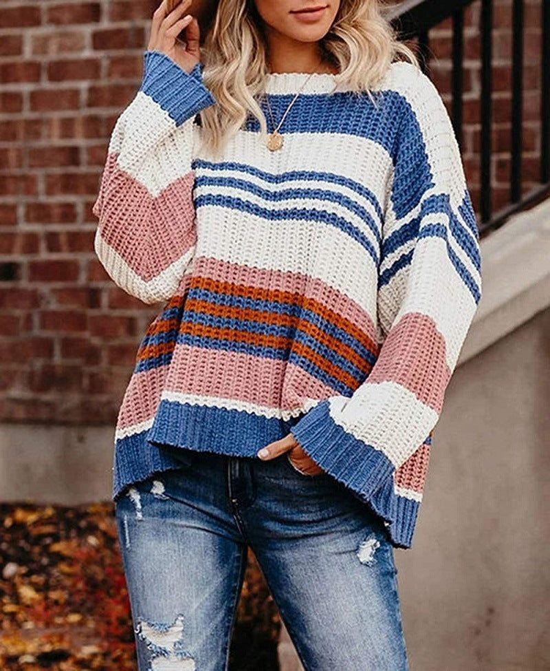 Damen lässiger Strickpullover mit hohem Schnitt und raffiniertem Streifenmuster R&B