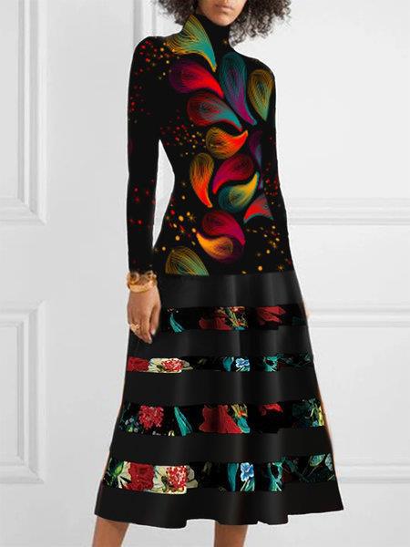 Damen Strickkleid mit hohem Kragen und floralem Saum R&B