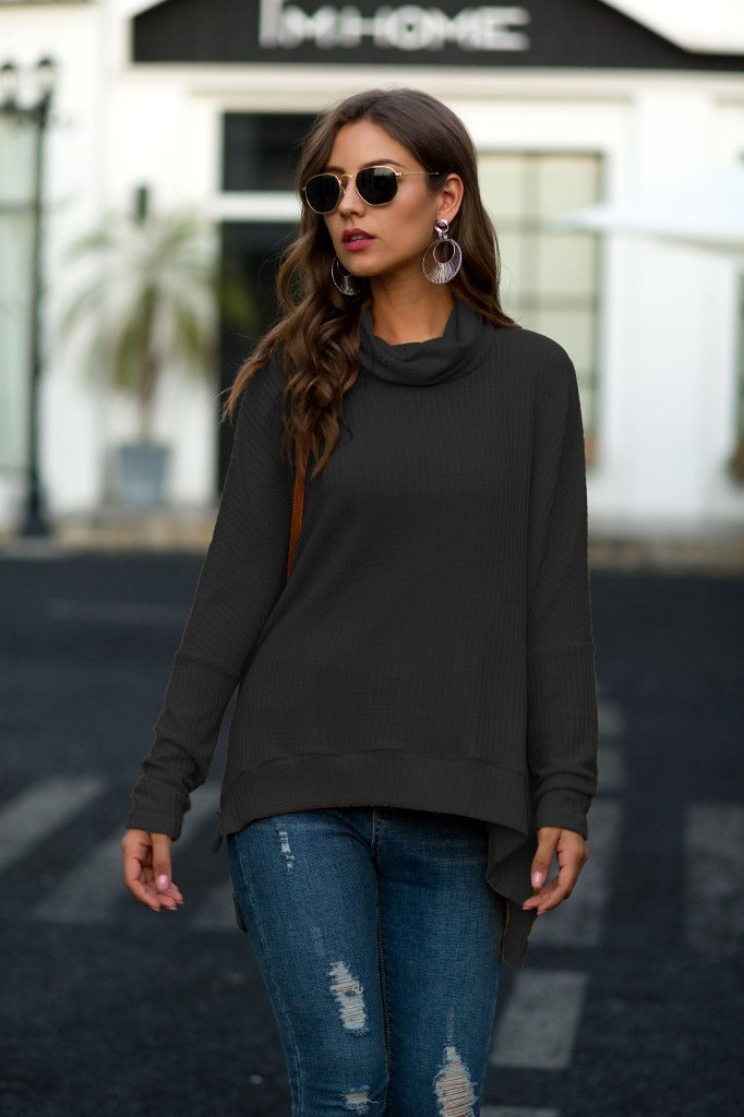 Damen lässiger Pullover mit schickem Schal-Kragen und asymmetrischem Saum R&B