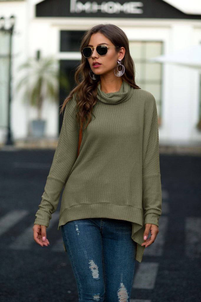 Damen lässiger Pullover mit schickem Schal-Kragen und asymmetrischem Saum R&B