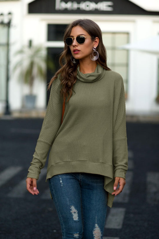 Damen lässiger Pullover mit schickem Schal-Kragen und asymmetrischem Saum R&B