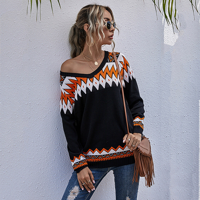 Damen Oversized Pullover mit tiefem V-Ausschnitt und geometrischem Muster R&B