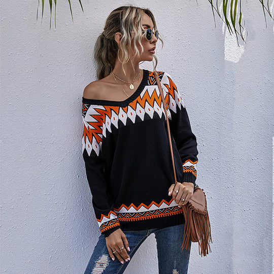 Damen Oversized Pullover mit tiefem V-Ausschnitt und geometrischem Muster R&B