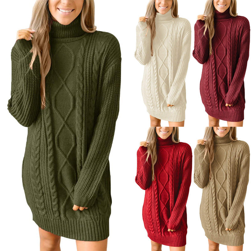 Damen Grobstrick Pulloverkleid mit traumhaftem Zopfmuster und hohem Kragen R&B
