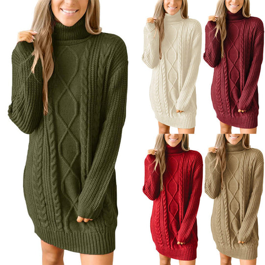 Damen Grobstrick Pulloverkleid mit traumhaftem Zopfmuster und hohem Kragen R&B