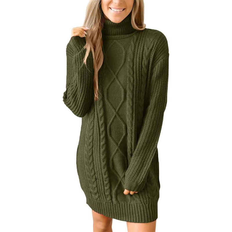 Damen Grobstrick Pulloverkleid mit traumhaftem Zopfmuster und hohem Kragen R&B