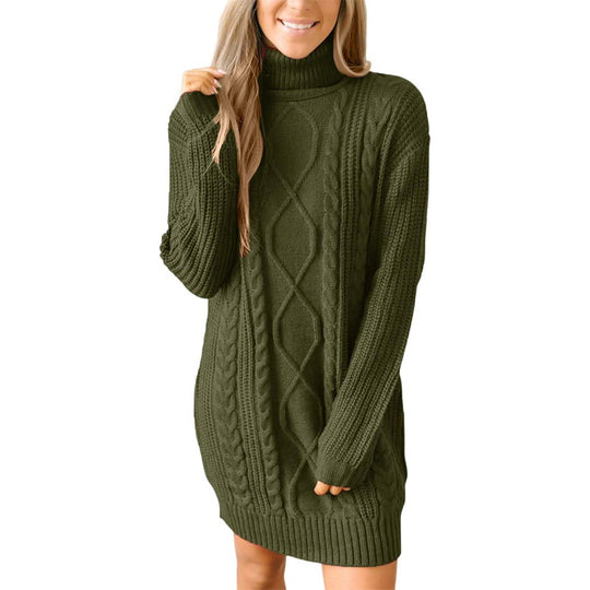 Damen Grobstrick Pulloverkleid mit traumhaftem Zopfmuster und hohem Kragen R&B