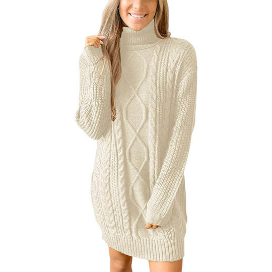Damen Grobstrick Pulloverkleid mit traumhaftem Zopfmuster und hohem Kragen R&B