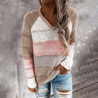 Damen Strickpullover mit V-Ausschnitt und zarten Lochmustern R&B