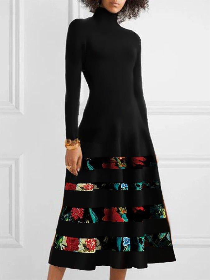 Damen Strickkleid mit hohem Kragen und floralem Saum R&B