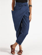 Damen nan Wickelhose aus Leinenmix mit hohem Taillenbund, überlappender Vorderseite und großzügiger Eingrifftasche R&B