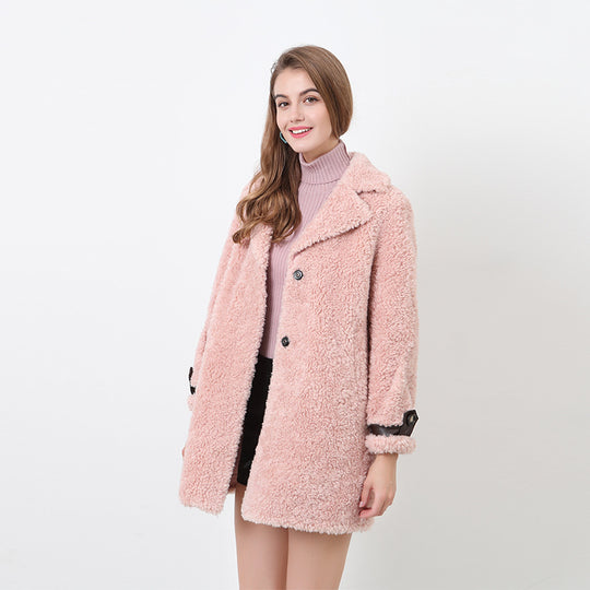 Damen Flauschiger Kurzmantel mit modischem Kragen und Knöpfen R&B