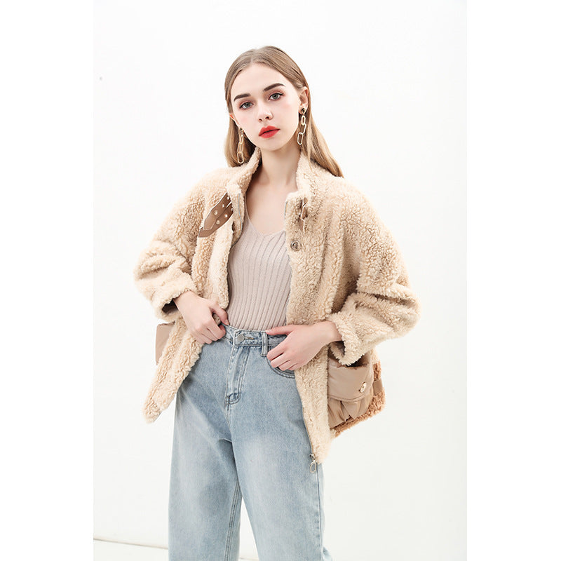 Damen kuschelige Oversize-Jacke mit dekorativen Taschen R&B