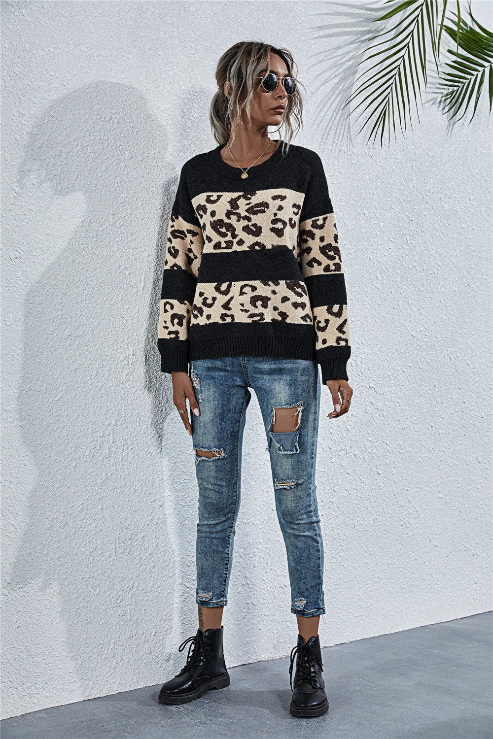 Damen gemütlicher Strickpullover mit Leopardenmuster R&B