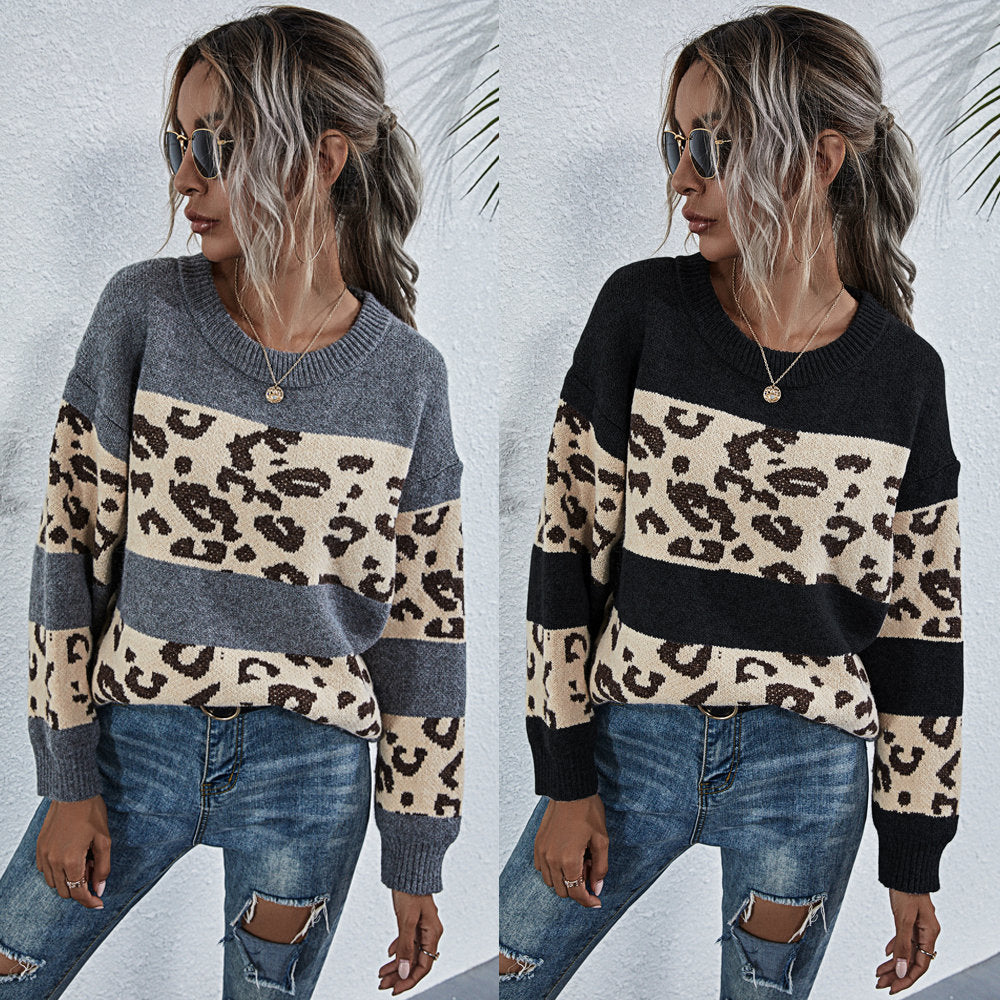 Damen gemütlicher Strickpullover mit Leopardenmuster R&B
