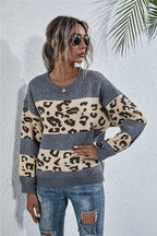 Damen gemütlicher Strickpullover mit Leopardenmuster R&B