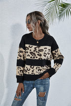 Damen gemütlicher Strickpullover mit Leopardenmuster R&B